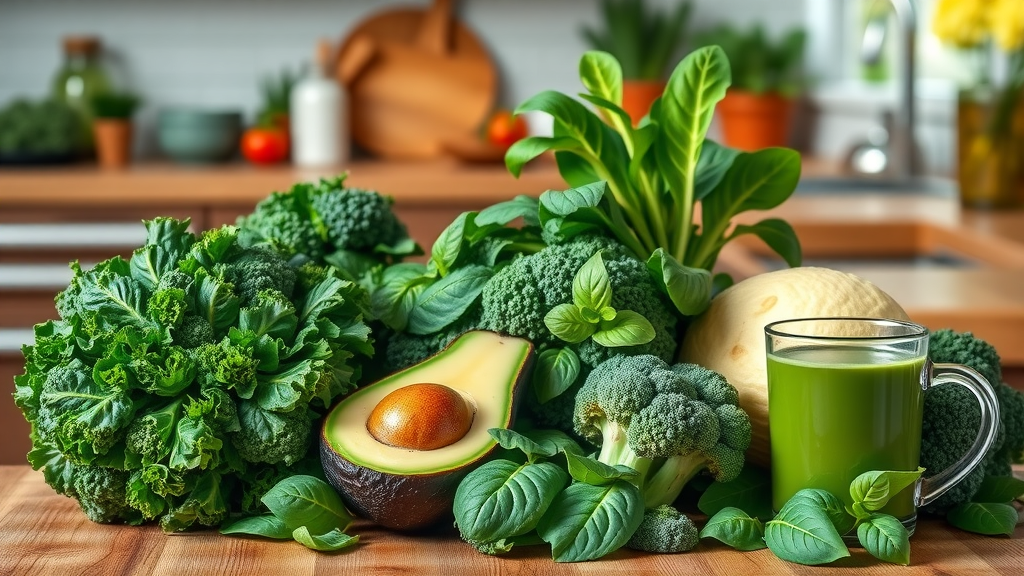 green superfood for the heart including kale, spinach, avocado, broccoli, and green tea on a rustic wooden table, vibrant colors, kitchen background, natural daylight