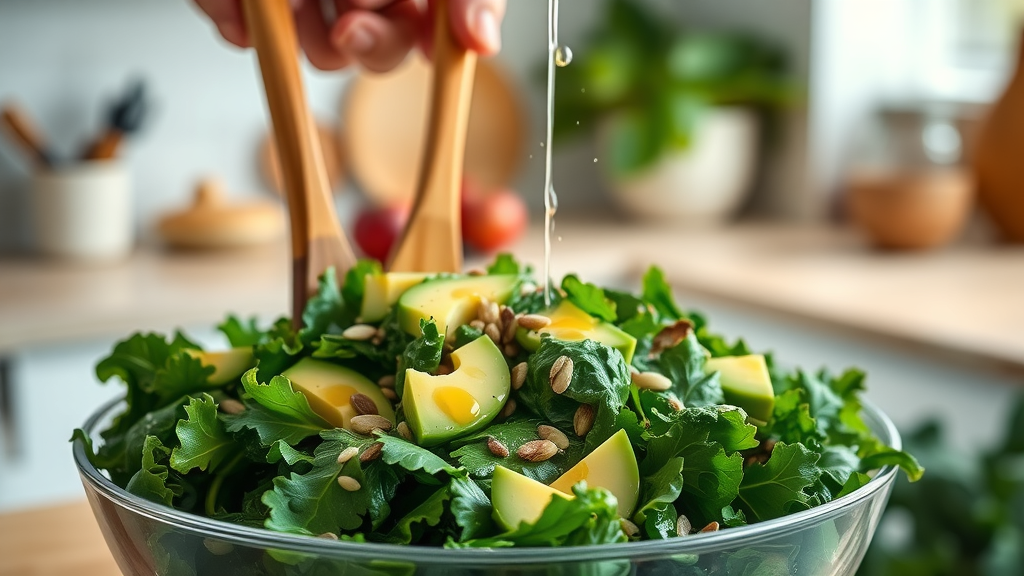 green superfood for the heart vibrant green salad with kale, spinach, avocado, and olive oil drizzle, tossed in a bowl