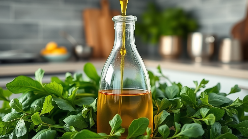 olive oil and green superfood for the heart, bottle of extra virgin olive oil pouring over fresh spinach and arugula, kitchen countertop background