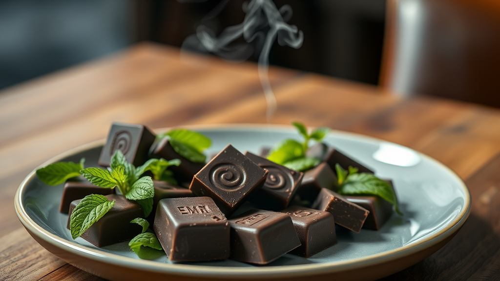 dark chocolate and green superfood for the heart, dark chocolate beside green salad with mint on a ceramic plate