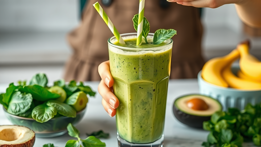 green superfood for the heart, vibrant smoothie in a glass, leafy green garnish, healthy ingredients on countertop