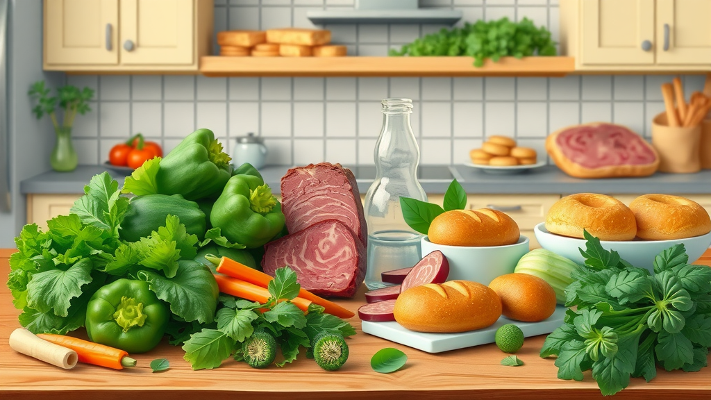 green superfood for the heart compared with processed meats and pastries, kitchen table divided with fresh greens and unhealthy foods