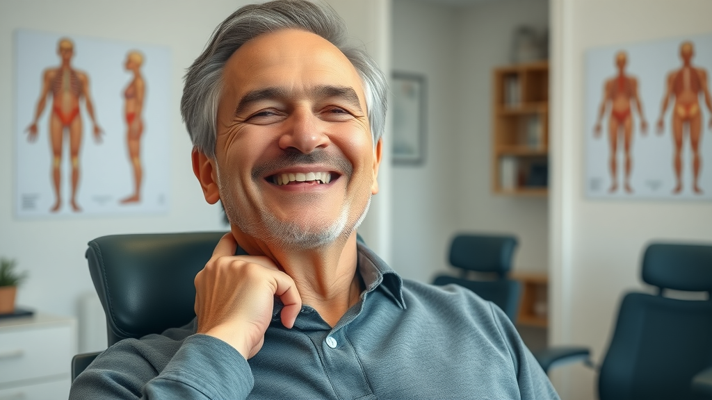 Relieved middle-aged patient stretching neck at neck pain treatment Niagara Falls clinic