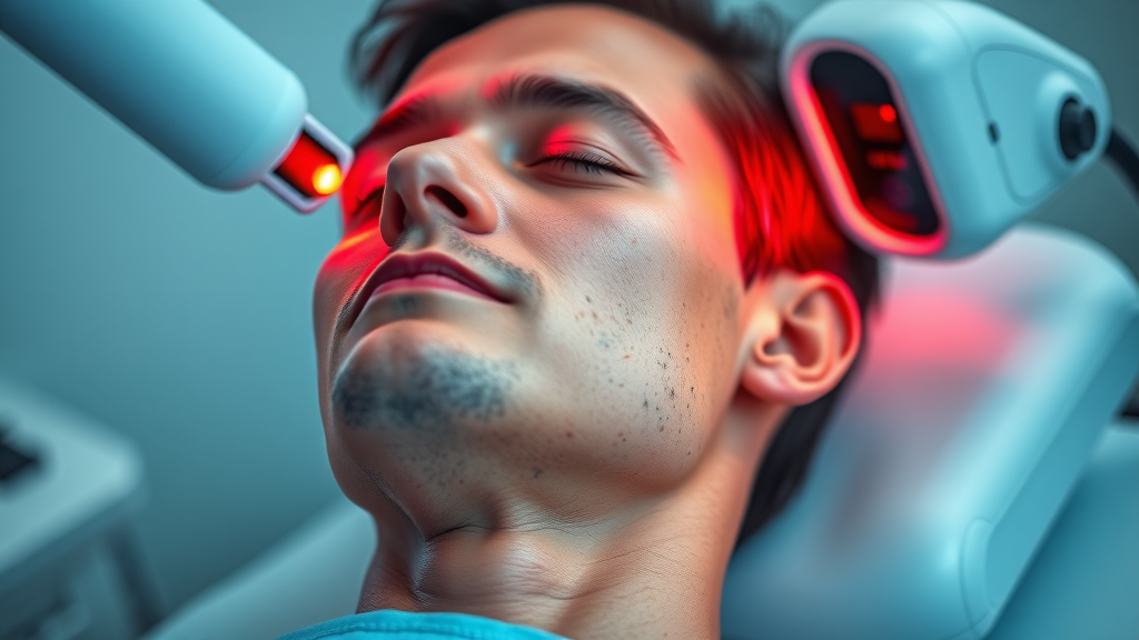 Calm adult patient receiving non-invasive laser therapy for neck pain treatment Niagara Falls NY