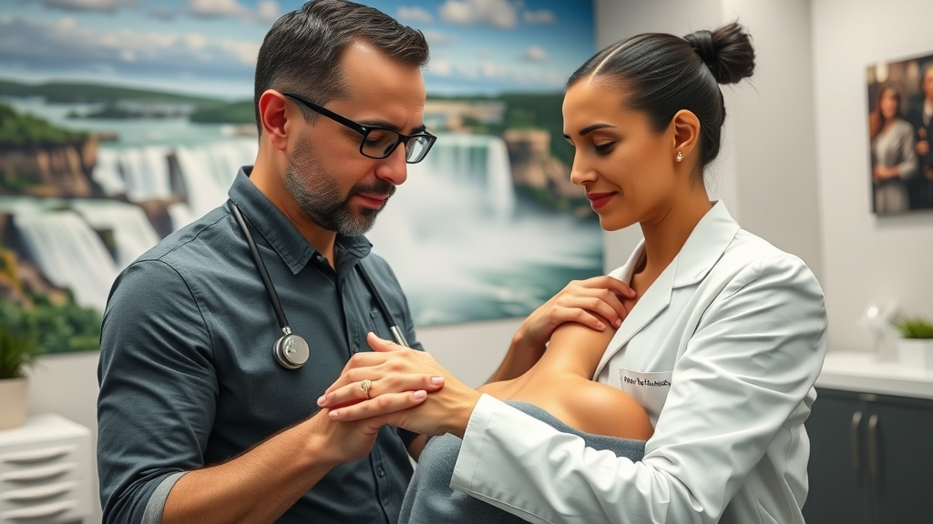 professional chiropractor assessing patient in Niagara Falls, gentle neck examination, modern clinic setting