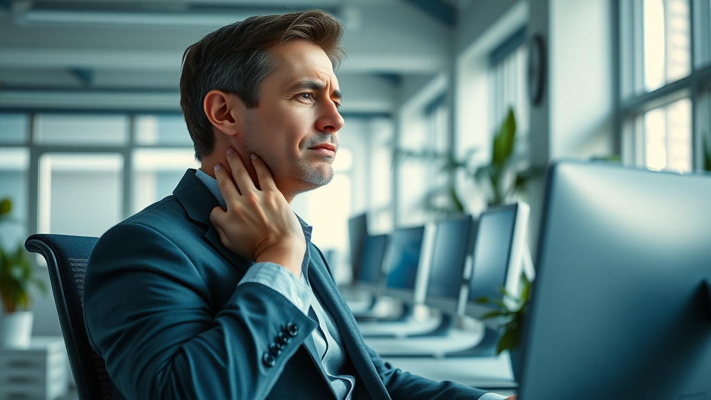 office worker experiencing neck pain in Niagara Falls, sitting at ergonomic desk, posture concerns