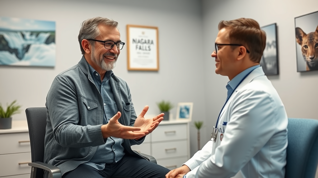 friendly chiropractic consultation for neck pain in Niagara Falls, patient discussing symptoms