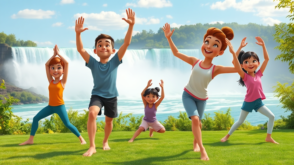 active family preventing neck pain in Niagara Falls with outdoor stretching near waterfall