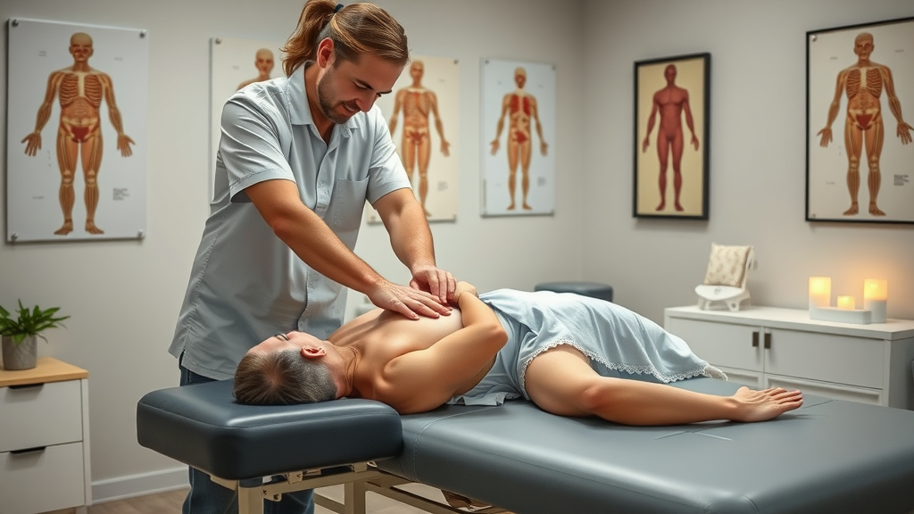 Caring chiropractor performing a spinal adjustment on a relaxed patient in a Niagara Falls clinic, with tranquil clinic decor and anatomical posters in the background.