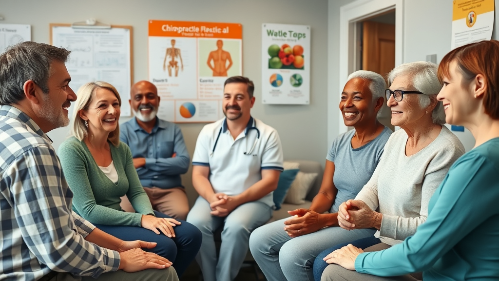 Diverse group of patients, including families and seniors, consulting with a Niagara Falls chiropractor in a clinic; expressing relief and hope in a vibrant, welcoming environment.