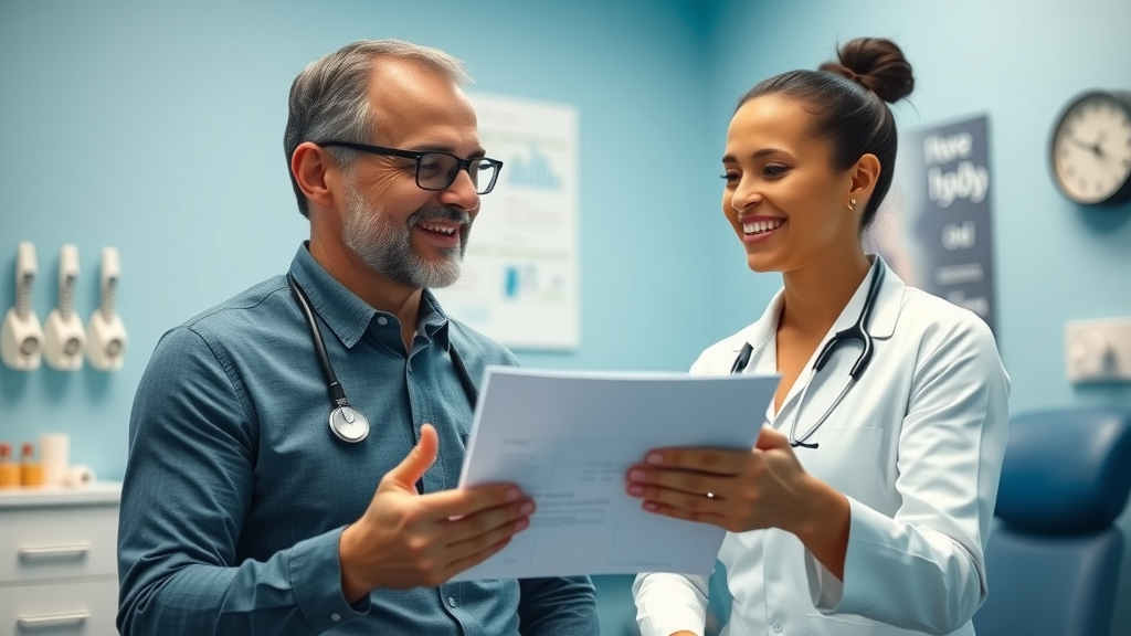 New patient experiencing their first chiropractic consultation in Niagara Falls; chiropractor explaining treatment plan in a bright exam room with wellness equipment.