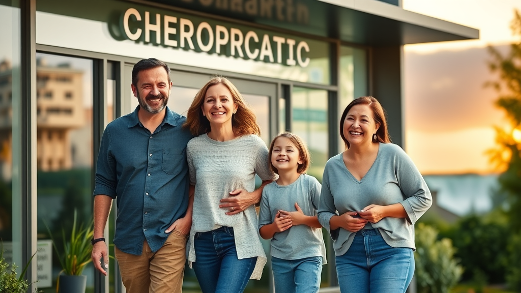 Grateful family leaving a Niagara Falls chiropractic clinic, visibly relieved and revitalized, with the iconic Niagara Falls in the background.