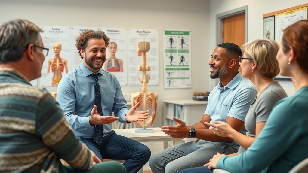 Knowledgeable Niagara Falls chiropractor in a clinic classroom answering health and wellness questions from a friendly group of patients.