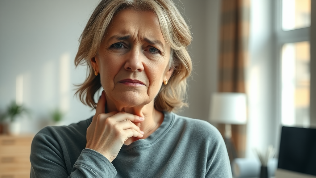 middle-aged woman relieved and holding neck after understanding causes of neck pain in neutral home office setting, natural light