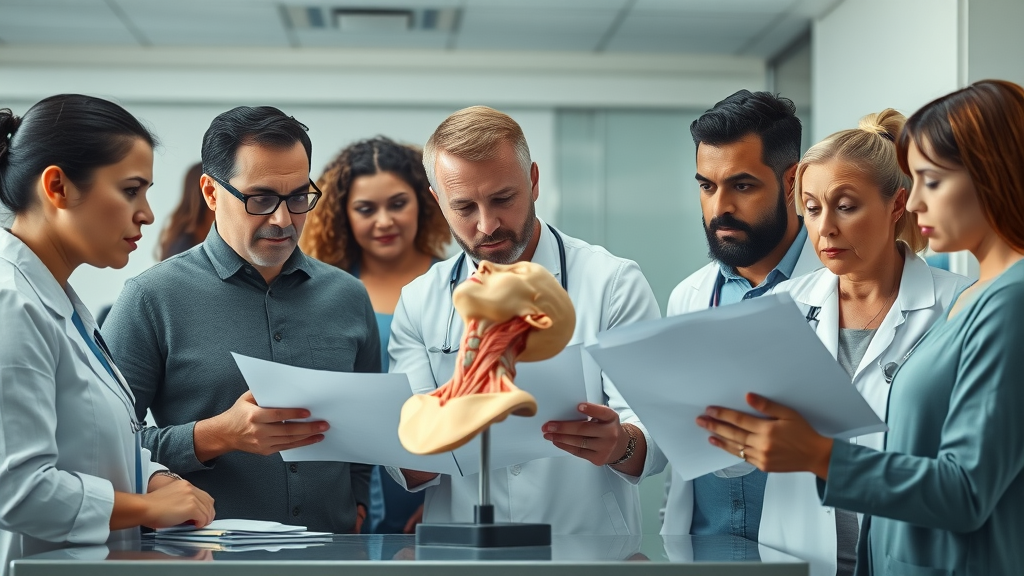 diverse group of adults reviewing causes of neck pain at modern clinic with detailed anatomical model