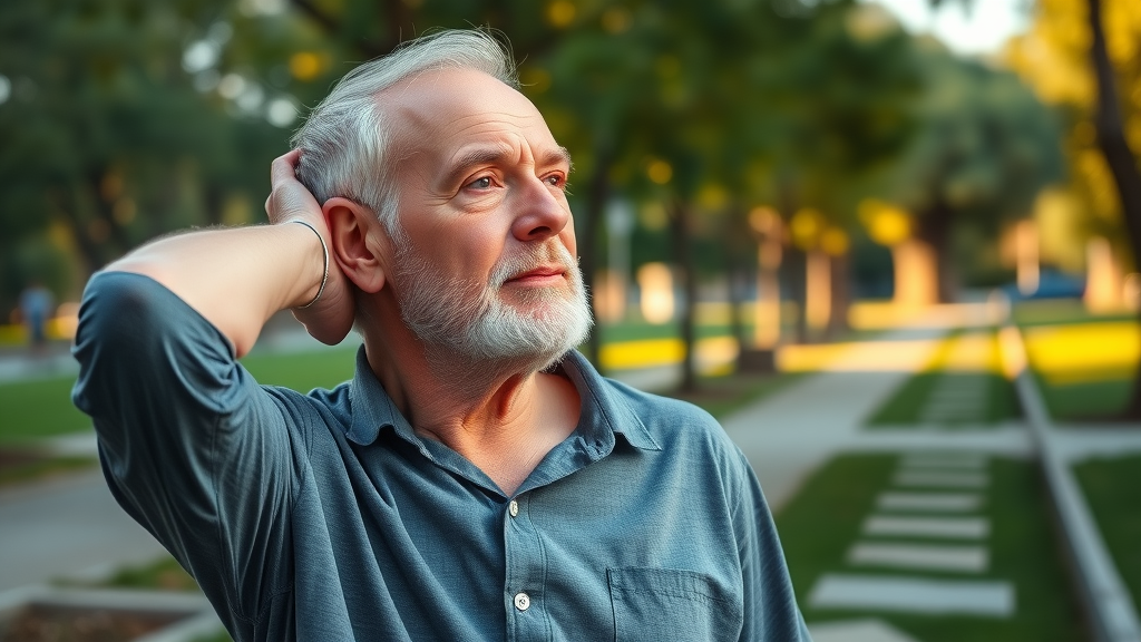 active senior man stretching neck, showing age-related risk factors for neck pain outdoors in city park