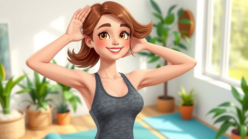 young woman demonstrating daily neck and shoulder stretch at home for neck pain prevention, lively setting