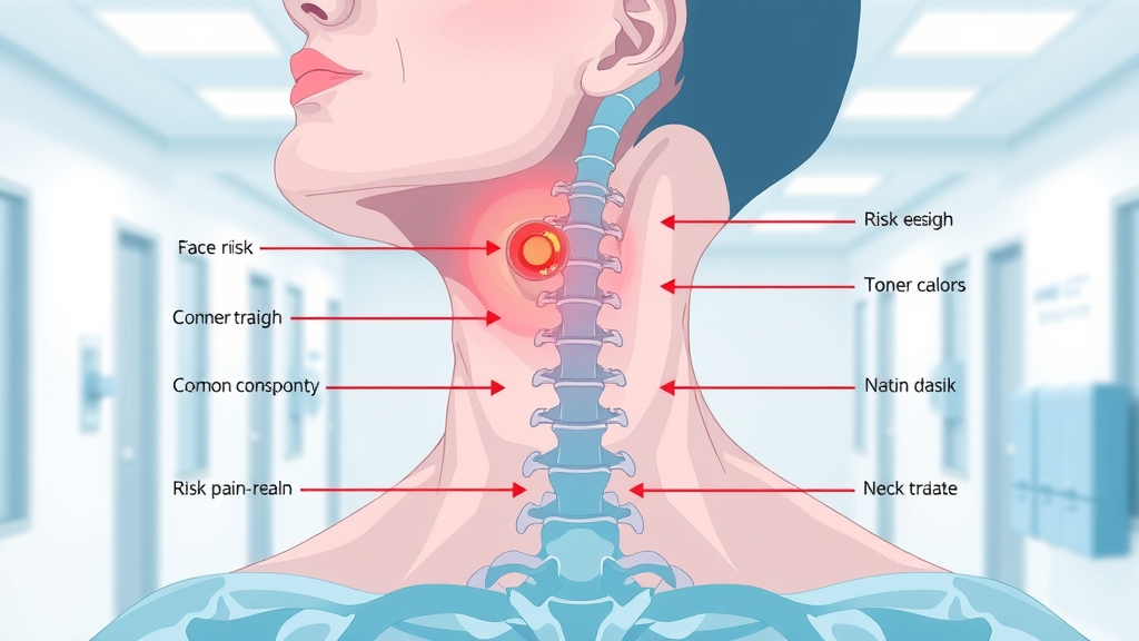 infographic medical illustration of neck anatomy, showing labeled risk factors for neck pain and pain signal areas, clean 2D