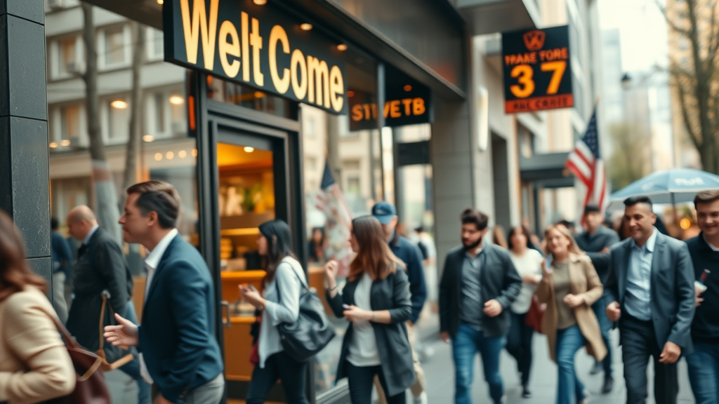 dynamic modern business storefront, why your business needs to be seen, engaging customers, bustling urban scene