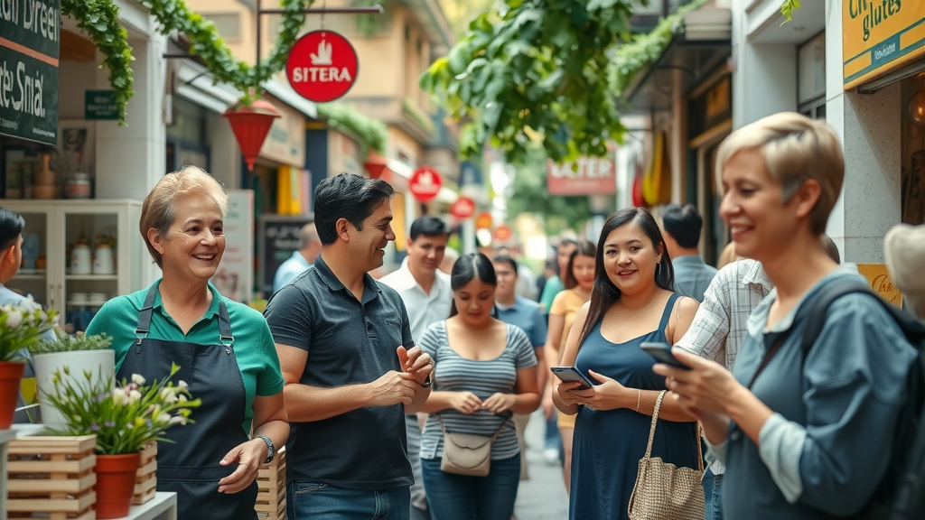 Vibrant city high street bustling with diverse small businesses, shopkeepers smiling as customers browse, engaging in friendly conversations, lively urban background with greenery, highly detailed, natural color tones, shot with a 50mm prime lens. businesses need to be seen