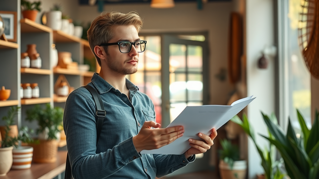 Confident small business owner with thoughtful expression, analysing marketing statistics in front of a cozy shop filled with artisan products and plants, morning natural lighting, businesses need to be seen