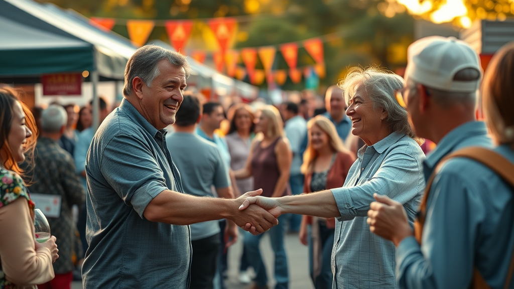 Dynamic community event with cheerful business owners and local residents, vendor stalls, community banners, golden hour lighting, businesses need to be seen