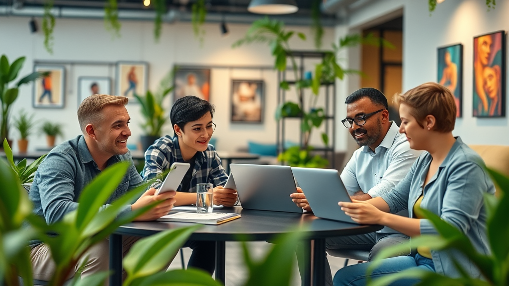 Innovative co-working hub with entrepreneurs collaborating, laptops open, local artwork, greenery, balanced artificial lighting, businesses need to be seen