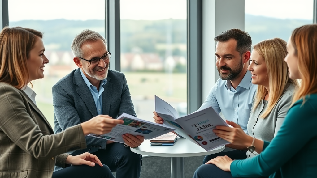 Supportive business mentors consulting with small business owners, collaborative energy, Monmouthshire landscape, friendly expressions, businesses need to be seen