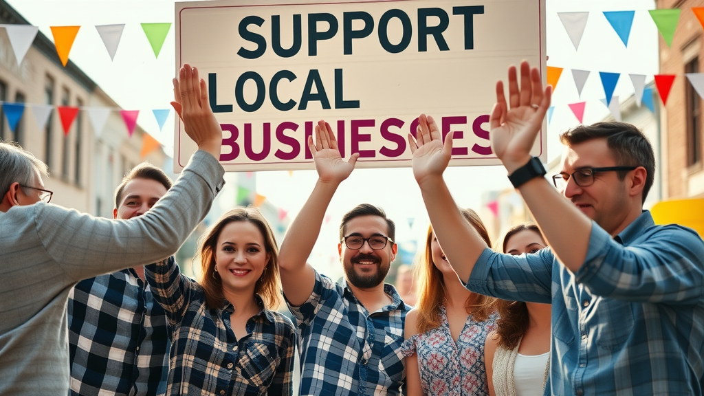 Inspired group of small business owners celebrating success, festive small-town parade, 