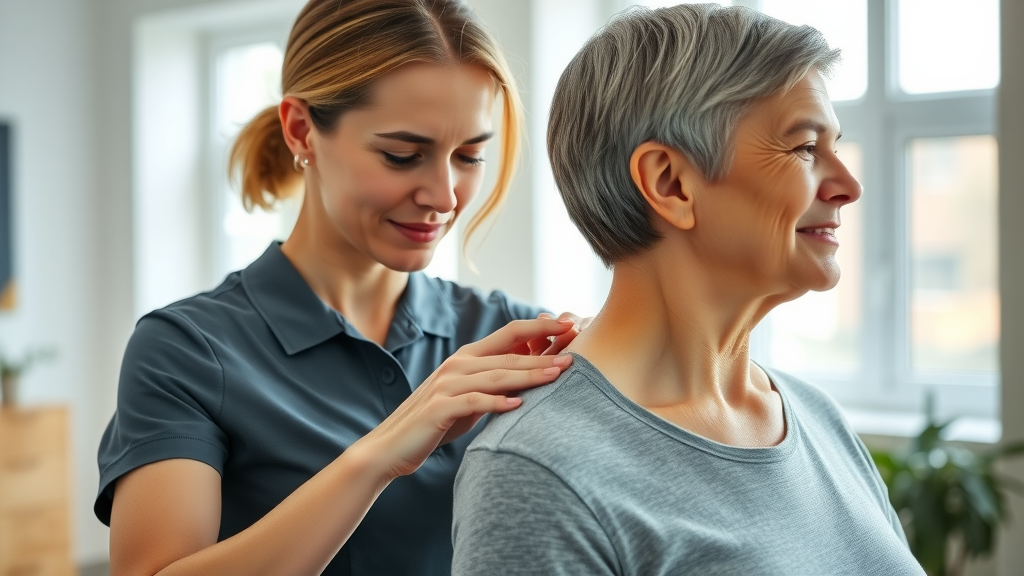 Physical therapist demonstrating neck stretch for neck pain in a modern clinic – physical therapy for neck pain