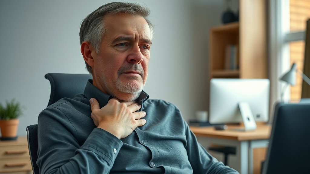Middle-aged person holding neck in mild pain at ergonomic desk setup – chronic neck pain, neck strain