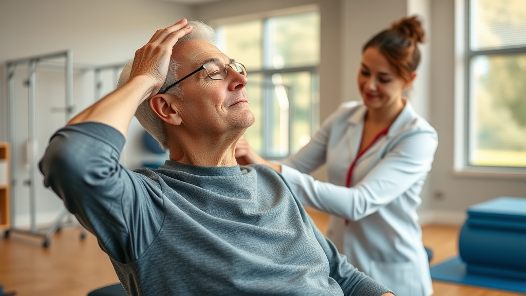 Senior practicing safe neck stretch with physical therapist for chronic neck pain relief using therapy exercise
