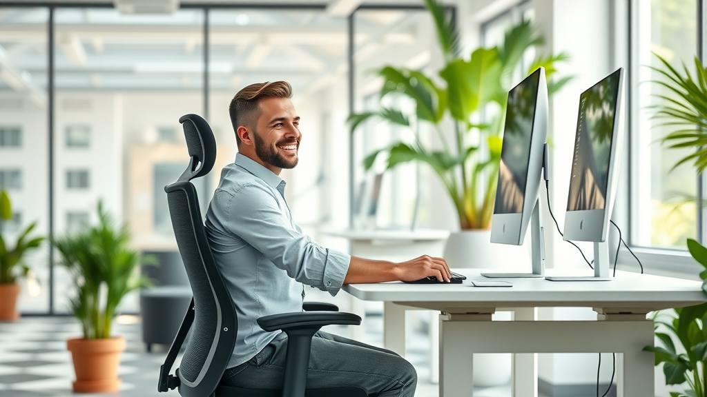 Professional with correct ergonomic workstation posture, promoting prevention of neck strain and neck pain