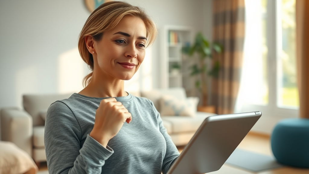 Confident woman performing home neck pain exercises guided by video, safe physical therapy exercise at home