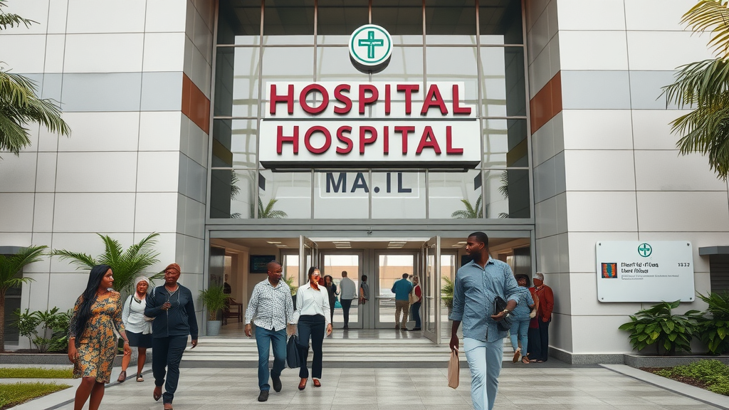 case hospital modern facade, welcoming visitors, urban Ugandan city, clear signs, greenery, visitors interacting at reception, daylight