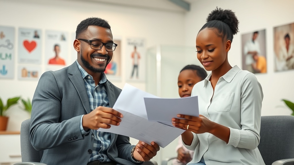 case medcare health insurance agent assisting young Ugandan family with paperwork, friendly, bright office, digital devices, Uganda