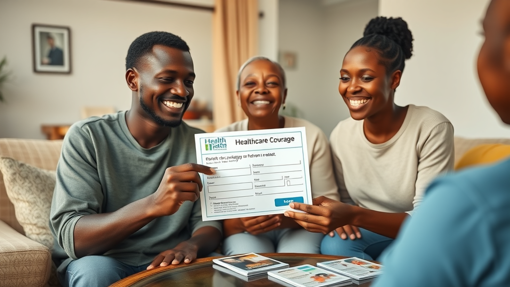 smiling Ugandan family, health insurance confirmation, relief and joy, comfortable home, health pamphlets, Uganda