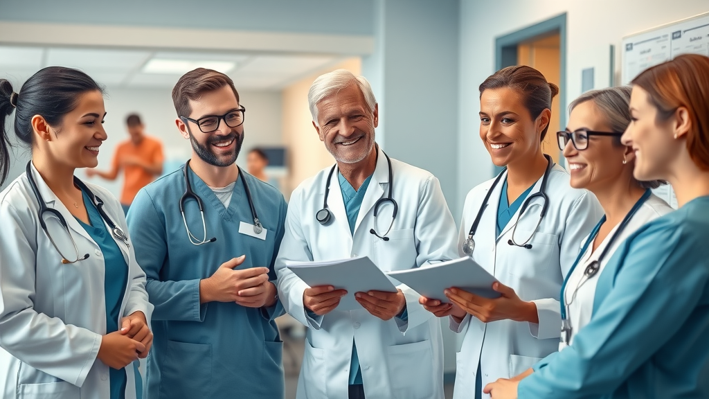 Compassionate healthcare providers in Niagara Falls pain management clinics, group of doctors and nurses in a modern clinic, offering consultation, blue and white interior, photorealistic, warm atmosphere, stethoscopes and medical charts, soft lighting