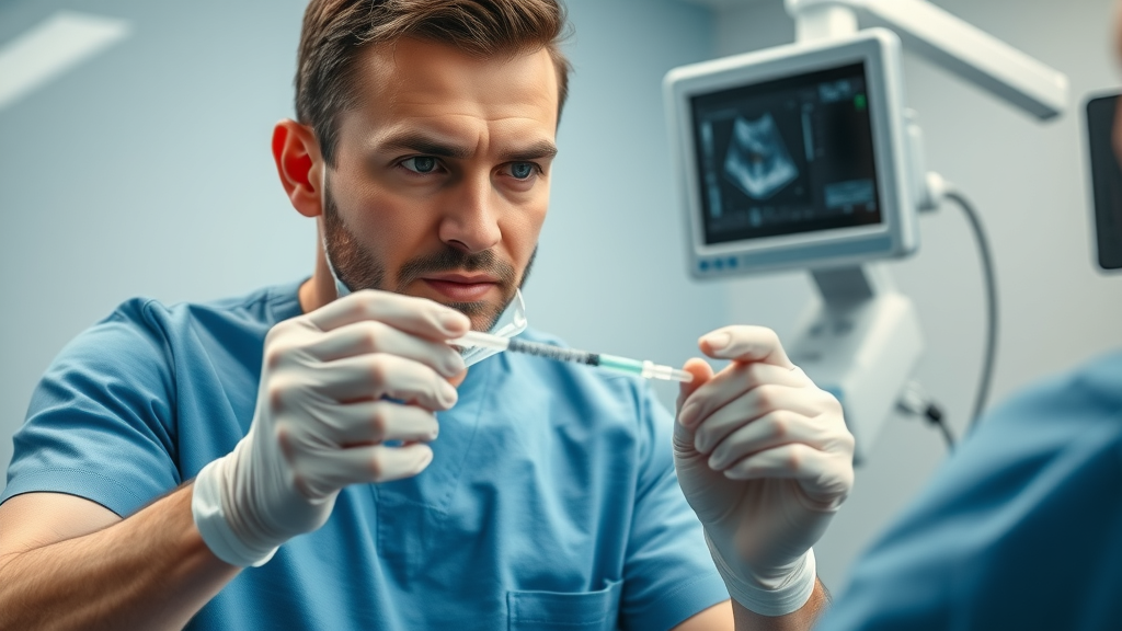 Clinician in Niagara Falls performing nerve block procedure, modern sterile treatment room, ultrasound equipment, photorealistic, dynamic action, bright clinical lighting
