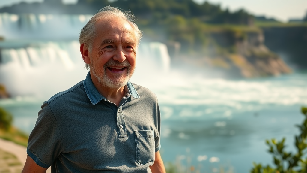 Joyful middle-aged patient relieved after visiting Niagara Falls pain clinic, walking in scenic park, iconic waterfall, glowing sunlight, photorealistic