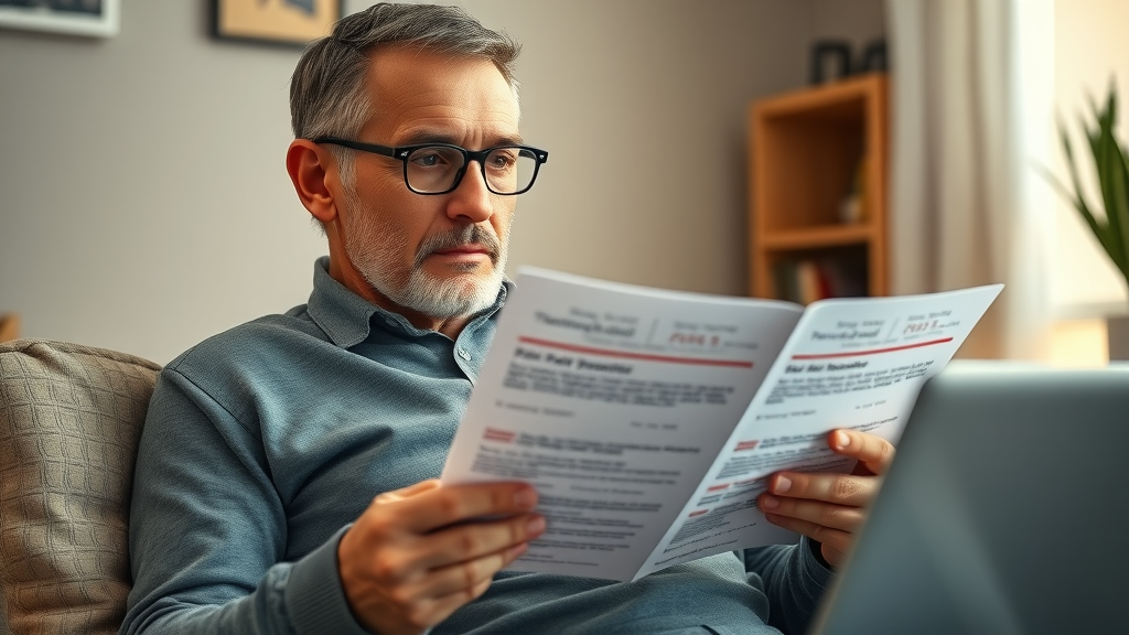 Thoughtful patient selecting Niagara Falls pain clinic, reviewing brochures and testimonials at home, photorealistic, paperwork and laptop, warm interior