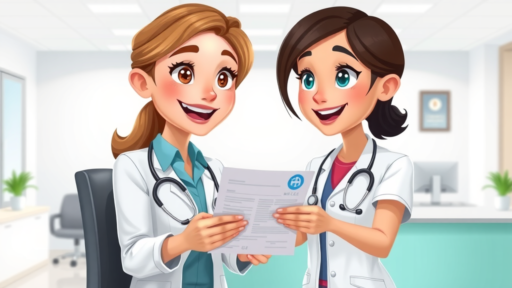 Receptionist helping patient with insurance at Niagara Falls pain management clinic, cartoon style, friendly, pastel colors, detailed clinic desk