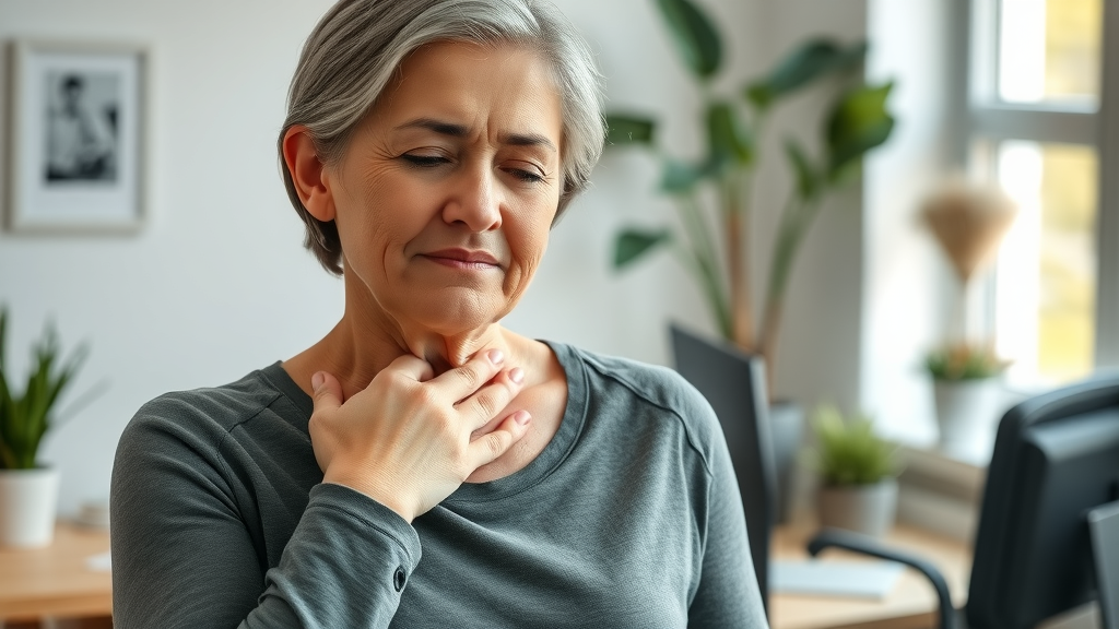 concerned middle-aged woman holding neck in discomfort; neck pain symptoms in home office with ergonomic setup, natural daylight and potted plants around
