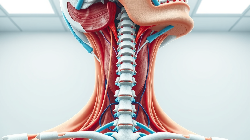 medical illustration of human neck anatomy showing muscles, nerves, and vertebrae; neck pain symptoms clearly identified for patient education