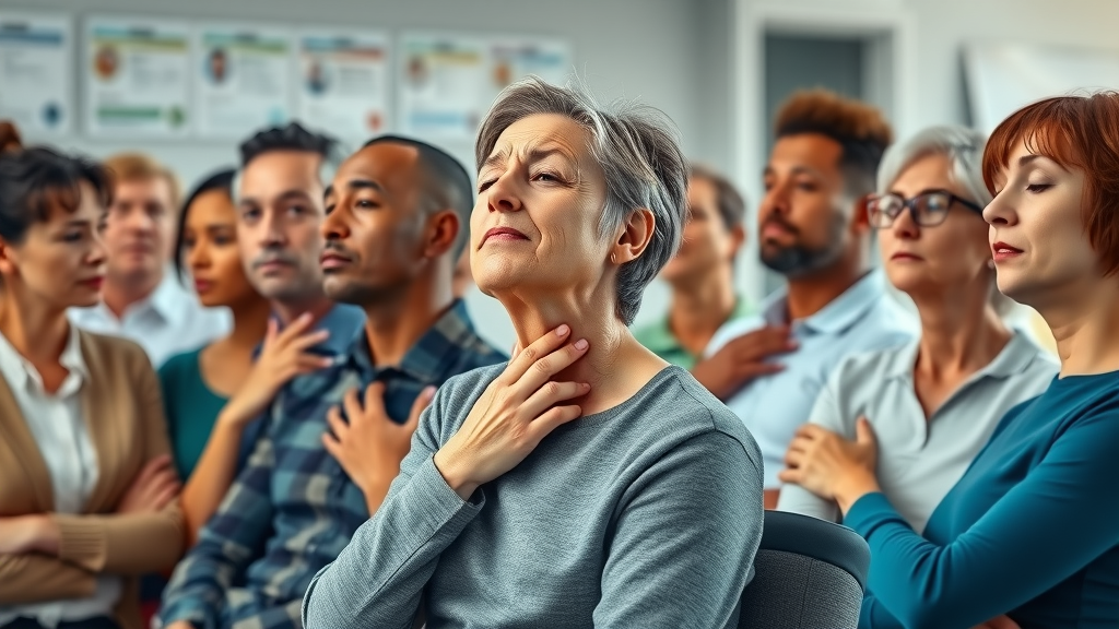 diverse group of adults showing neck pain symptoms in clinic waiting area; visible concern on faces and gentle touch on necks indicating pain