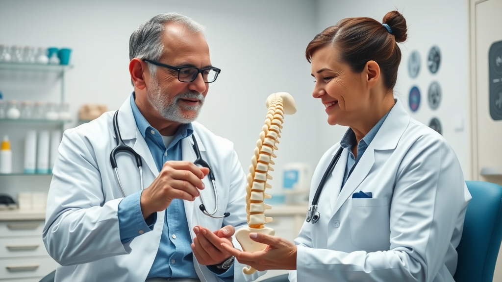 orthopedic doctor consulting with patient about neck pain symptoms, pointing to spine model in modern medical office