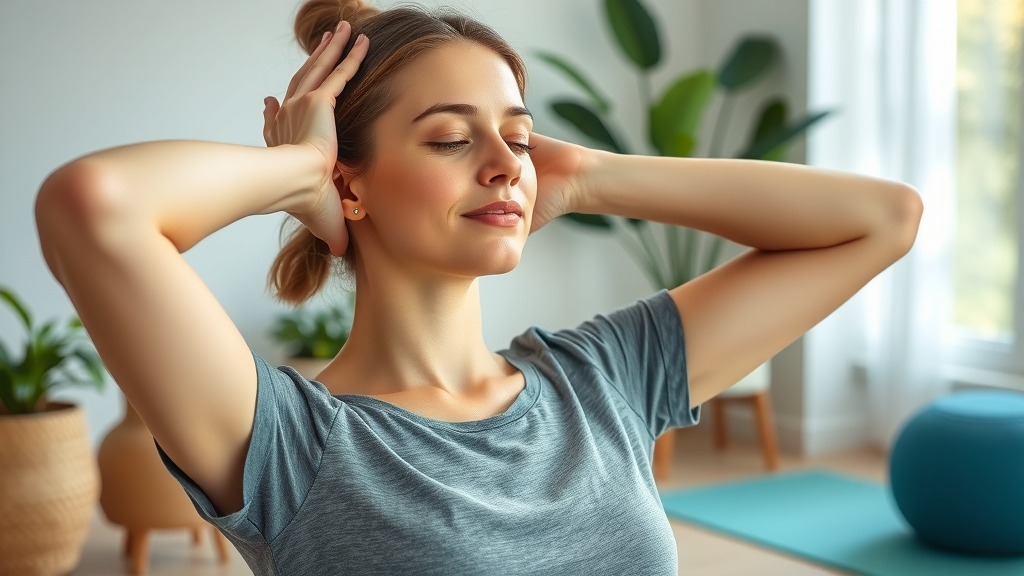 serene young adult performing gentle neck stretches for pain relief on yoga mat in living room with calming light