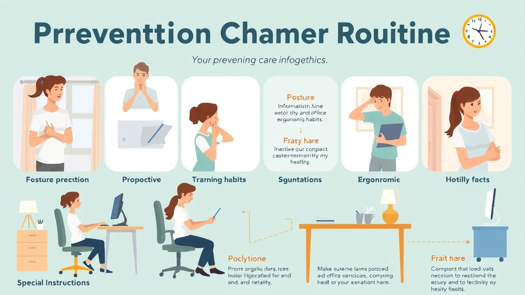 illustrated infographic showing preventive neck care routines: posture, exercise, and ergonomic habits to prevent neck pain symptoms