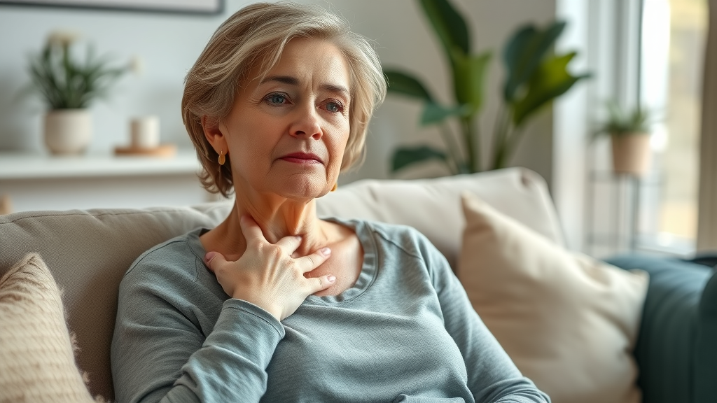 thoughtful middle-aged woman massaging her neck with a gentle expression in a cozy living room, representing home remedies for neck pain