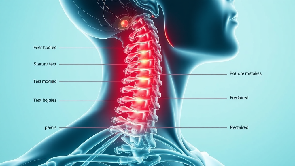 medical illustration showing neck anatomy, posture mistakes, injuries, muscle strain triggers for neck pain relief